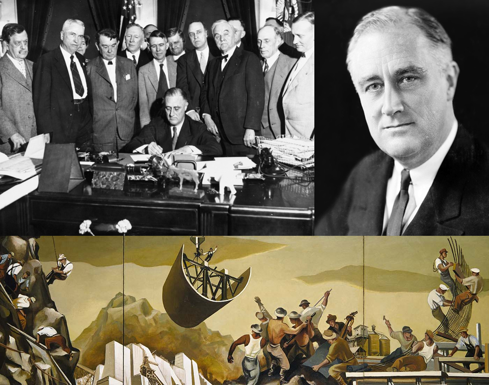 뉴딜 정책을 추진했던 프랭클린 D. 루스벨트 대통령과 당시에 그려진 공공 벽화 (사진: 위키피디아)