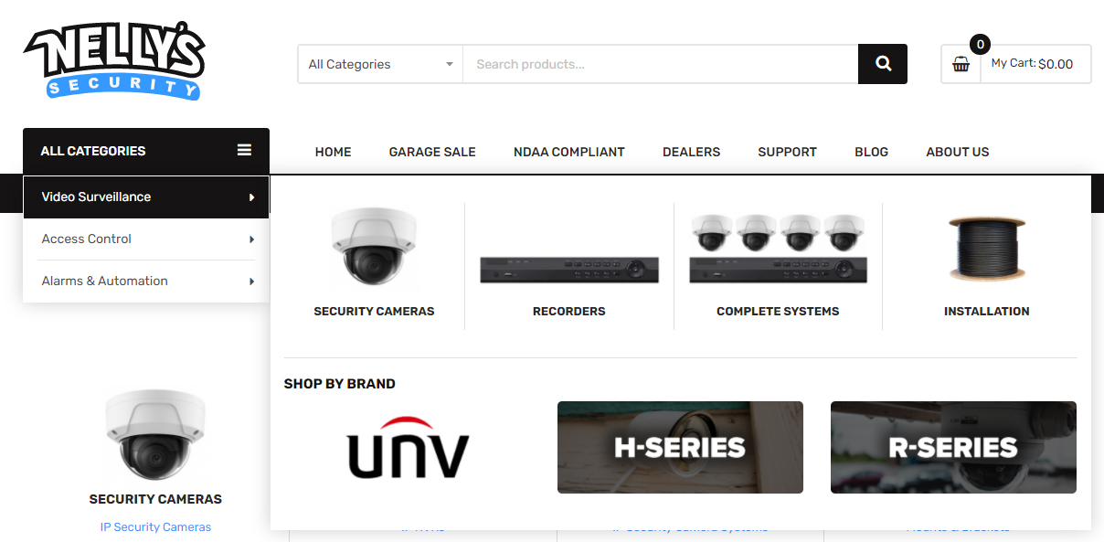 새로운 파트너인 유니뷰 제품과 기존의 H-Series 제품을 함께 판매 중인 넬리스의 홈페이지
