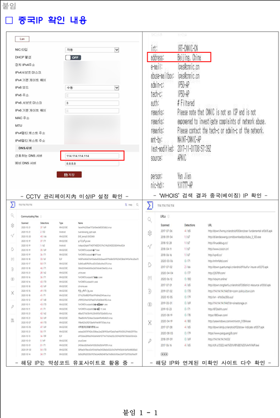 '「해∙ᆞ강안 경계 시스템」 취약점 점검 결과' 보고서에 첨부된 중국 IP 확인 화면
